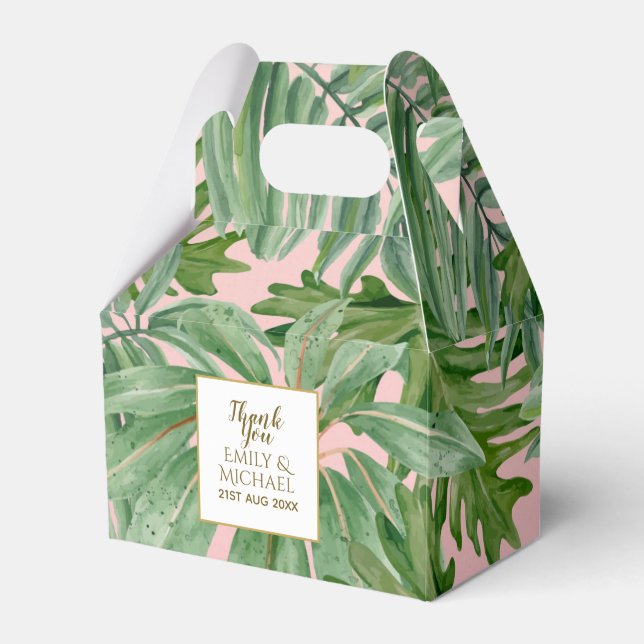 Tropical Palm Leaf Pink Green Gold Personalised Favour Box (Front Side)