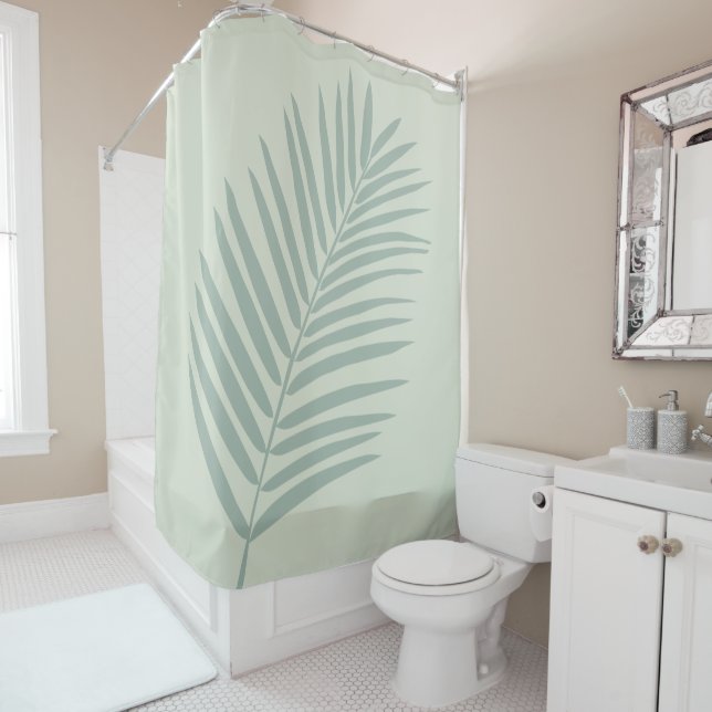 Tropical Palm Leaf Sage Green Shower Curtain (In Situ)