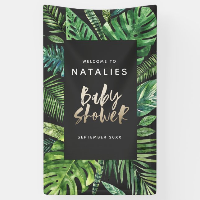 Tropical palm leaf & script baby shower banner (Vertical)