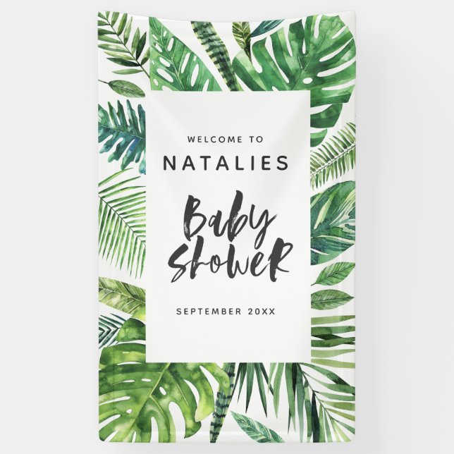 Tropical palm leaf & script baby shower banner (Vertical)