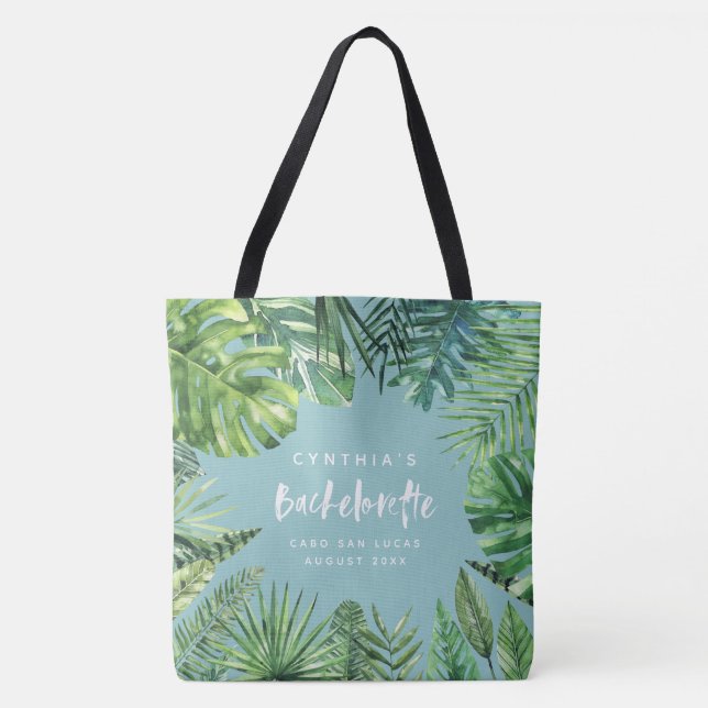 Tropical palm leaf & script bachelorette holiday tote bag (Front)