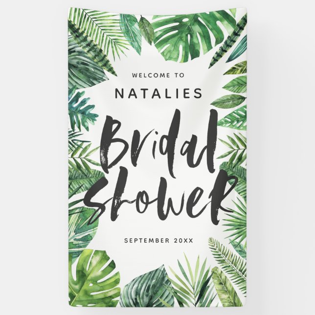 Tropical palm leaf & script bridal shower banner (Vertical)