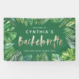 Tropical palm leaf & script gold bachelorette banner