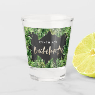 Tropical palm leaf & script gold bachelorette shot glass