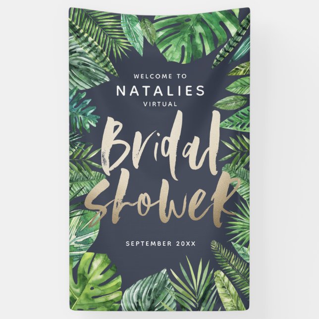 Tropical palm leaf script virtual bridal shower banner (Vertical)