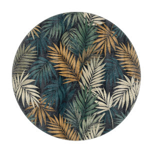Tropical Palm Leaf Seamless Pattern Dark Cutting Board