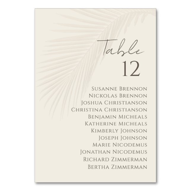 Tropical Palm Leaf Wedding Chart Table Number (Front)