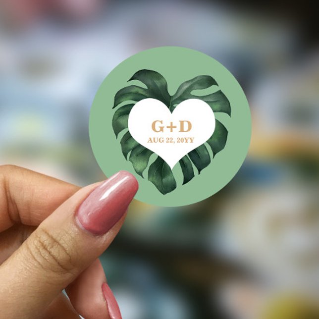Tropical Palm Leaf  Wedding Classic Round Sticker (Creator Uploaded)