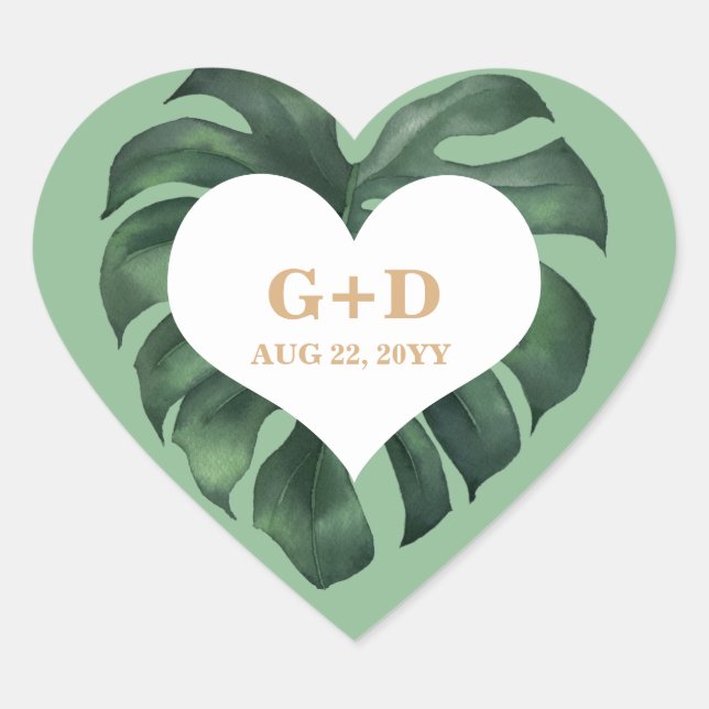 Tropical Palm Leaf  Wedding Heart Sticker (Front)