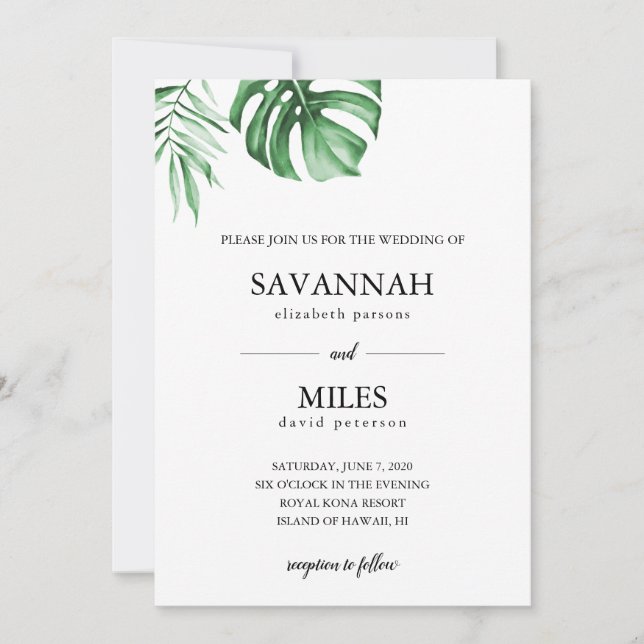 Tropical palm leaf wedding invitation (Front)