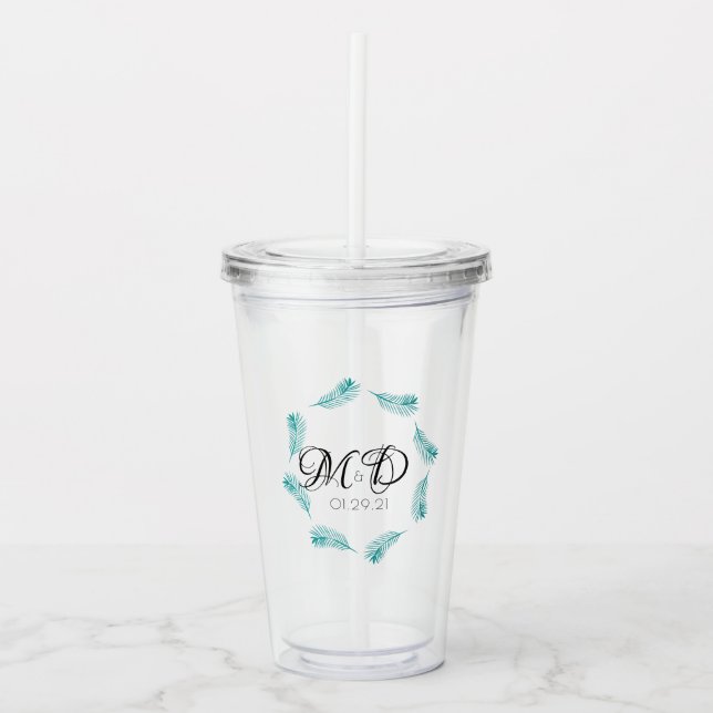 Tropical Palm Leaf Wedding Logo Anniversary Acrylic Tumbler (Front)