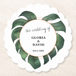 Tropical Palm Leaf  Wedding Paper Coaster