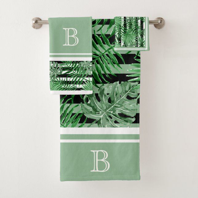 Tropical Palm Leafs Black White Stripes Pattern Bath Towel Set (Insitu)