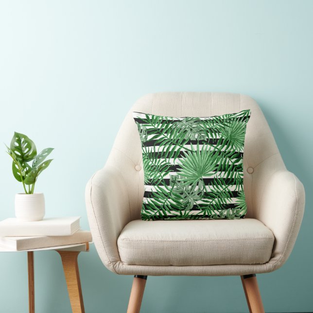 Tropical Palm Leafs Black White Stripes Pattern Cushion (Chair)
