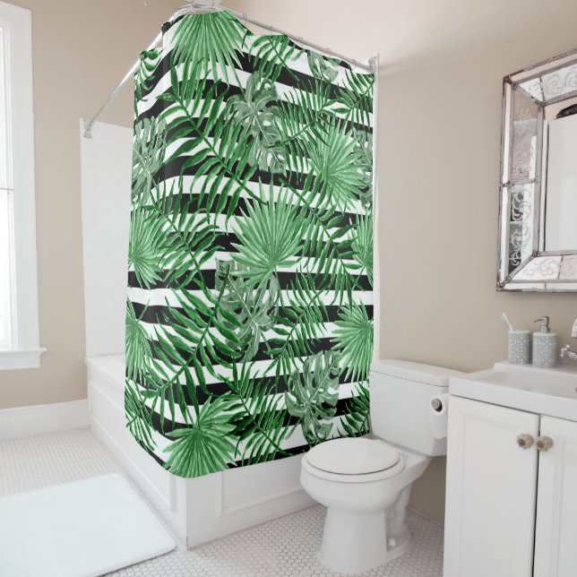 Tropical Palm Leafs Black White Stripes Pattern Shower Curtain (In Situ)