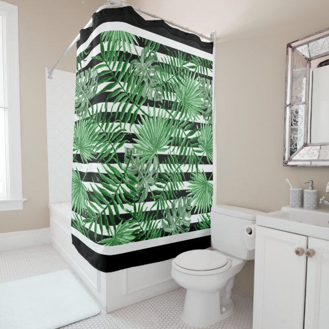 Tropical Palm Leafs Black White Stripes Pattern Shower Curtain (In Situ)