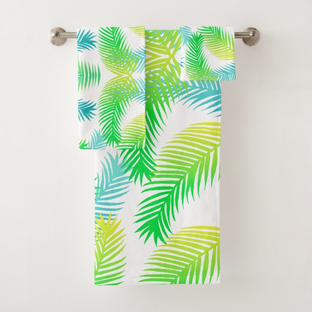 Tropical Palm Leaves Bath Towel Set – Modern Green (Insitu)
