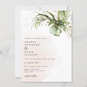 Tropical Palm Leaves Beach Gold Wedding Invitation