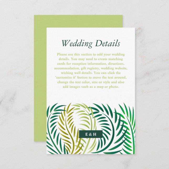Tropical Palm Leaves, Beach Wedding Detail Enclosure Card (Front/Back)