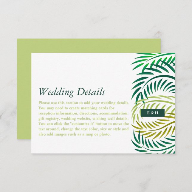 Tropical Palm Leaves, Beach Wedding Detail Enclosure Card (Front/Back)