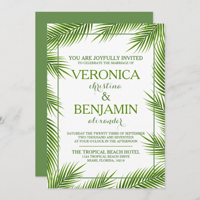 Tropical Palm Leaves Beach Wedding Invitation (Front/Back)
