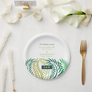 Tropical Palm Leaves, Beach Wedding Paper Plate