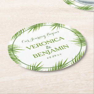 Tropical Palm Leaves Beach Wedding Round Paper Coaster