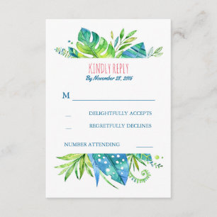 tropical palm leaves beach wedding rsvp card