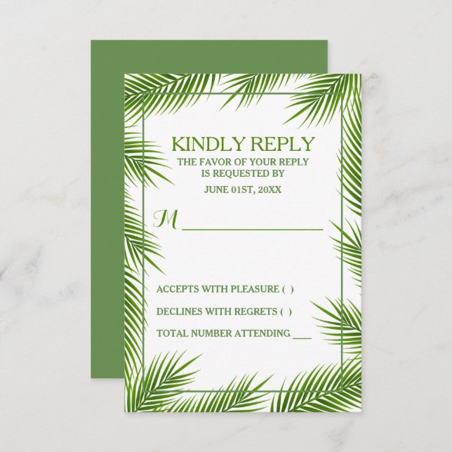 Tropical Palm Leaves Beach Wedding RSVP Card (Front/Back)
