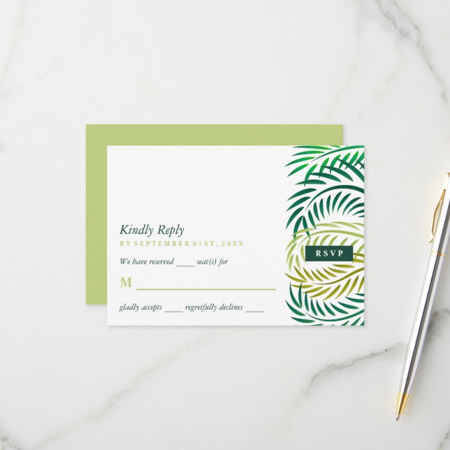 Tropical Palm Leaves, Beach Wedding RSVP Card (Front/Back In Situ)