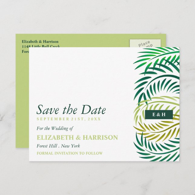 Tropical Palm Leaves, Beach Wedding Save the Date Postcard (Front/Back)