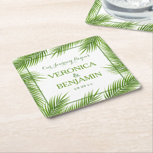 Tropical Palm Leaves Beach Wedding Square Paper Coaster