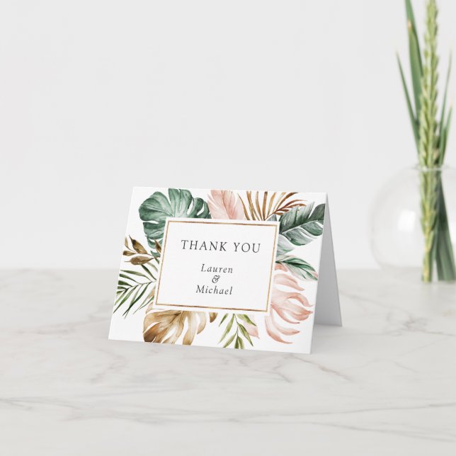 Tropical Palm Leaves Beach Wedding Thank You Card (Front)