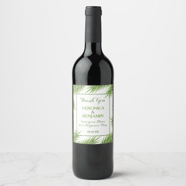 Tropical Palm Leaves Beach Wedding Wine Label (Front)