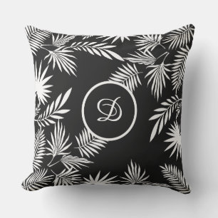 tropical palm leaves black and white cushion