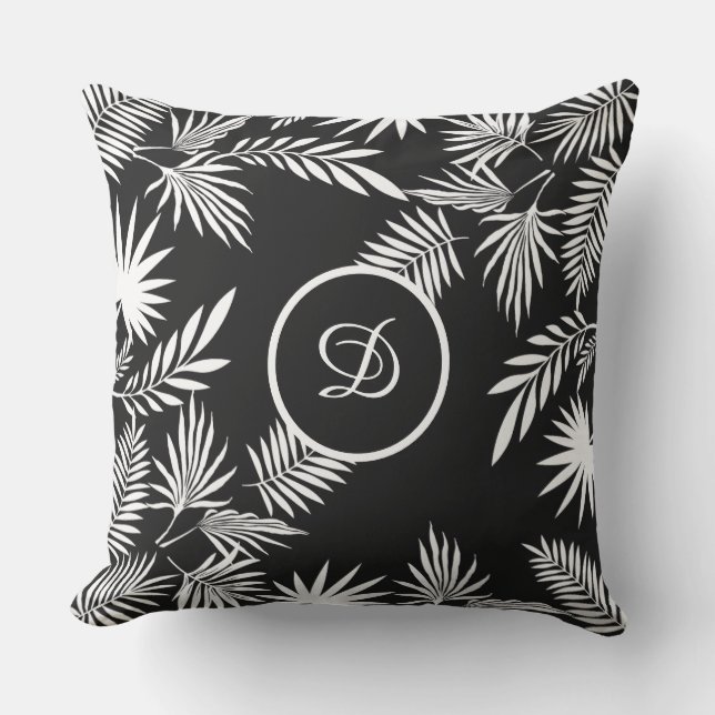 tropical palm leaves black and white cushion (Front)
