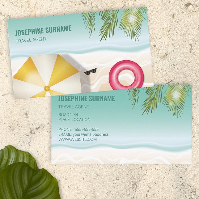 Tropical Palm Leaves Blue Ocean Beach Travel Agent Business Card (Ideal for people who work within the travelling and tourism industry.)