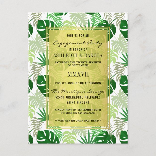 Tropical Palm Leaves Botanical Engagement Party Invitation Postcard (Front)