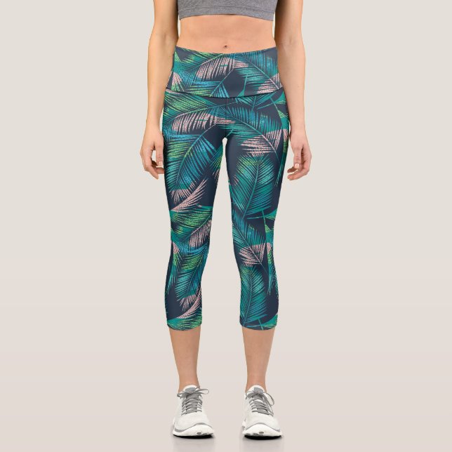 Tropical Palm Leaves, Colourful Botanical Ferns Capri Leggings (Front)