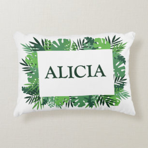 Tropical palm leaves custom name decorative cushion