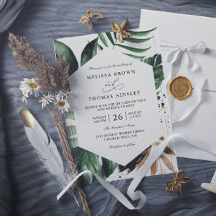 Tropical Palm Leaves Elegant QR Code Wedding Invitation