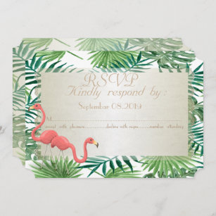 Tropical Palm Leaves,Flamingos  Wedding  RSVP Card
