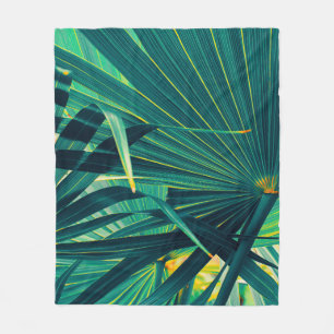 Tropical palm leaves fleece blanket