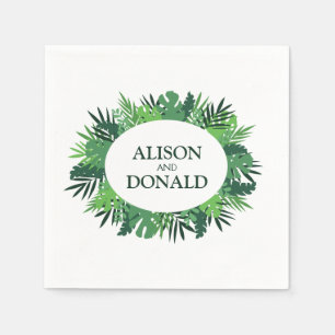 Tropical palm leaves floral wedding names oval napkin