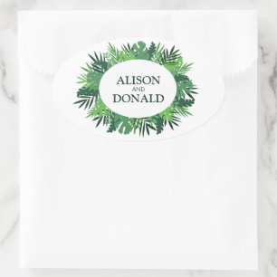 Tropical palm leaves floral wedding names oval sticker