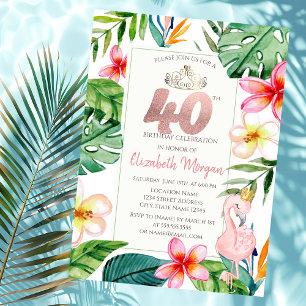 Tropical Palm Leaves Flowers Pink Flamingo 40th Invitation