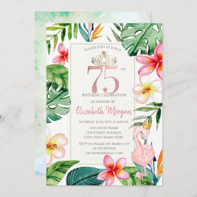 Tropical Palm Leaves Flowers Pink Flamingo 75th Invitation (Front/Back)