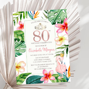 Tropical Palm Leaves Flowers Pink Flamingo 80th Invitation