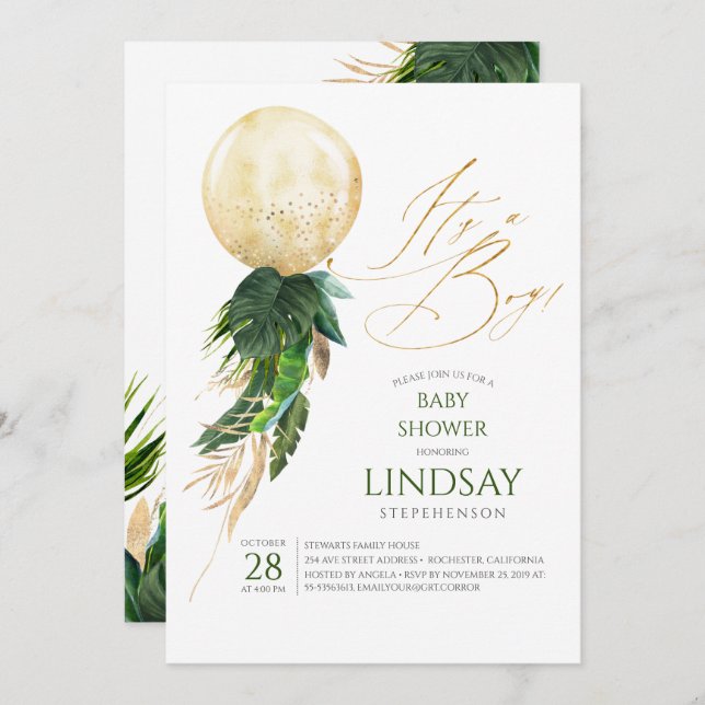Tropical Palm Leaves Gold Balloon Boy Baby Shower Invitation (Front/Back)