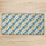 Tropical palm leaves golden pineapple white blue desk mat<br><div class="desc">A stylish pattern for spring and summer. A large tropical golden pineapple on a blue and green coloured palm tree leaves foliage pattern. White background.</div>